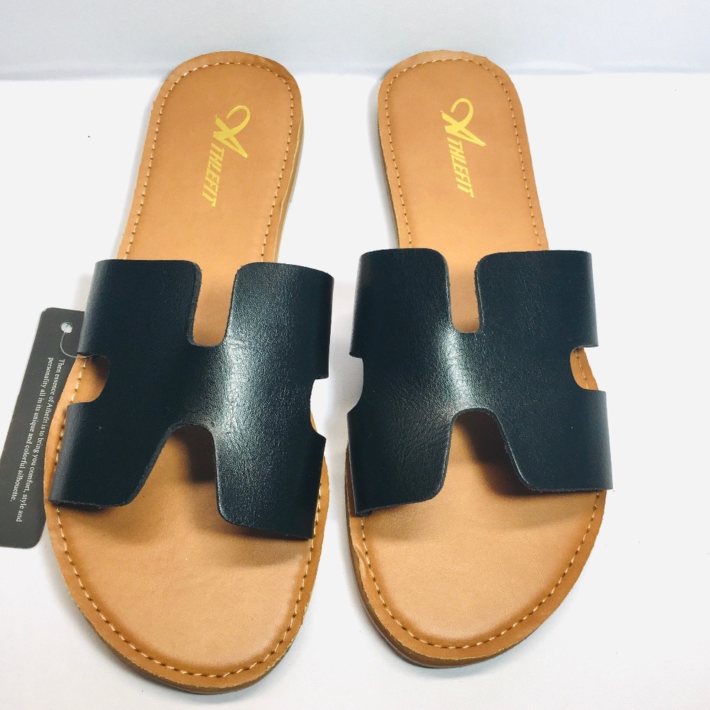 Athlefit Women's Black Leather Sandals Size 7.5 M